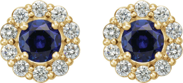14K Gold Lab-Grown Blue Sapphire & Natural Diamond Round 4-Prong Halo-Style Earrings – 3.5-8mm Stones - Yellow Gold - view 2