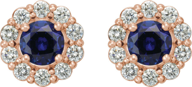 14K Gold Lab-Grown Blue Sapphire & Natural Diamond Round 4-Prong Halo-Style Earrings – 3.5-8mm Stones - Rose Gold - view 2