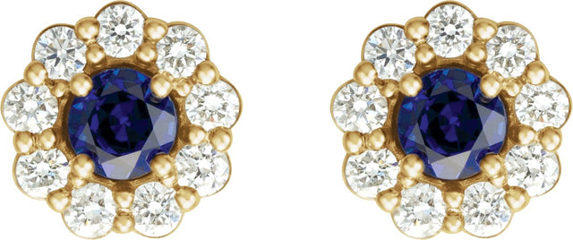 14K Gold Lab-Grown Blue Sapphire & Natural Diamond Round 4-Prong Halo-Style Earrings – 3.5-8mm Stones - Yellow Gold - view 2