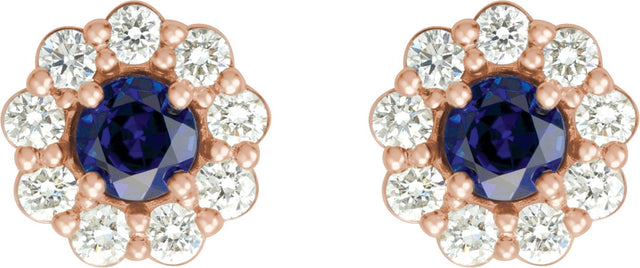 14K Gold Lab-Grown Blue Sapphire & Natural Diamond Round 4-Prong Halo-Style Earrings – 3.5-8mm Stones - Rose Gold - view 2