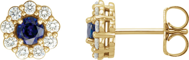 14K Gold Lab-Grown Blue Sapphire & Natural Diamond Round 4-Prong Halo-Style Earrings – 3.5-8mm Stones - Yellow Gold