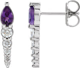 14K Gold Pear Natural Amethyst & Natural Diamond Accented Bar Earrings - White Gold