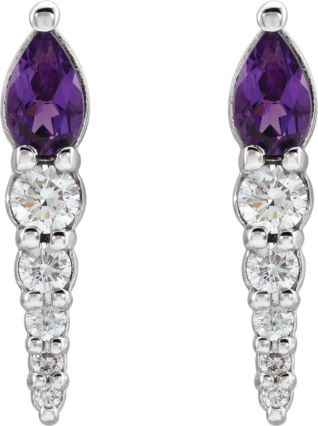 14K Gold Pear Natural Amethyst & Natural Diamond Accented Bar Earrings - White Gold - view 2