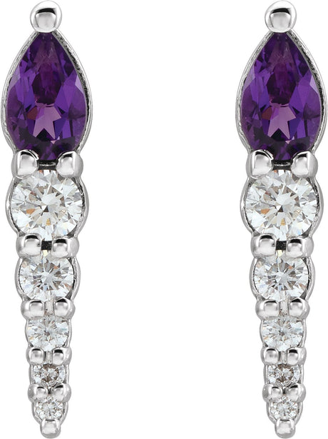 Platinum Pear Natural Amethyst & Natural Diamond Accented Bar Earrings - view 2
