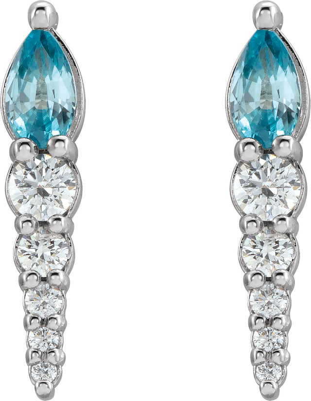 14K Gold Pear Natural Blue Zircon & Natural Diamond Accented Bar Earrings - White Gold - view 2