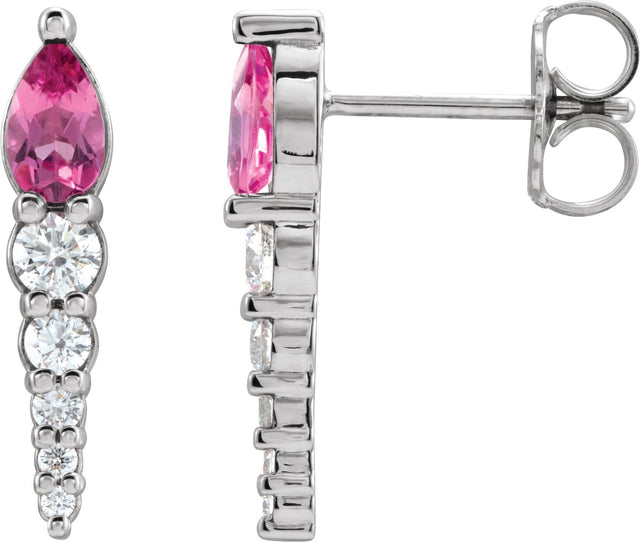 Platinum Pear Natural Pink Tourmaline & Natural Diamond Accented Bar Earrings