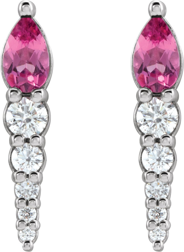 Platinum Pear Natural Pink Tourmaline & Natural Diamond Accented Bar Earrings - view 2