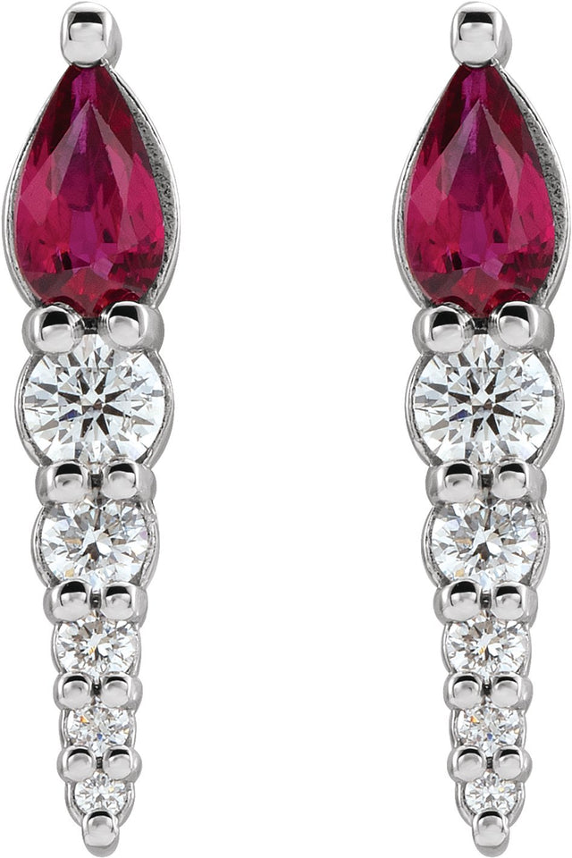 Platinum Pear Natural Ruby & Natural Diamond Accented Bar Earrings - view 2