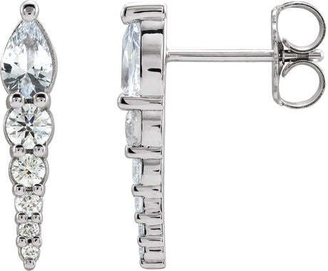 14K Gold Pear Natural White Sapphire & Natural Diamond Accented Bar Earrings - White Gold