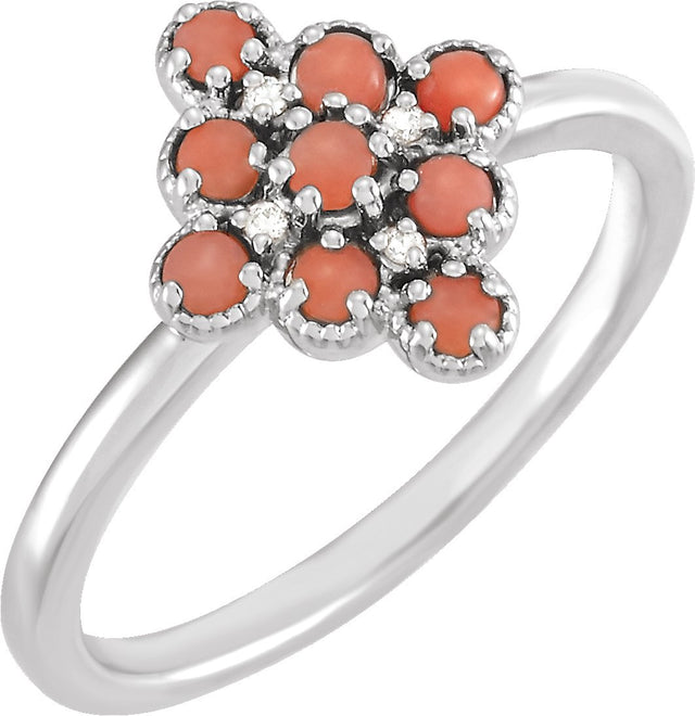 14K Gold Round Natural Pink Coral & Natural Diamond Geometric Cluster Ring - White Gold