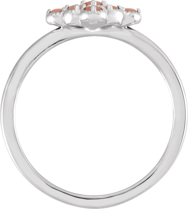 Platinum Round Natural Pink Coral & Natural Diamond Geometric Cluster Ring - view 2