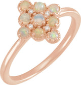 14K Gold Round Natural White Ethiopian Opal & Natural Diamond Geometric Cluster Ring - Rose Gold