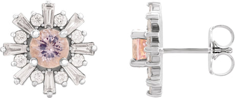 14K Gold Round Natural Pink Morganite & Natural Diamond Halo-Style Star Earrings - White Gold