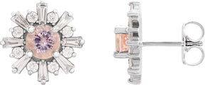 Platinum Round Natural Pink Morganite & Natural Diamond Halo-Style Star Earrings