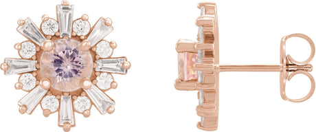 14K Gold Round Natural Pink Morganite & Natural Diamond Halo-Style Star Earrings - Rose Gold