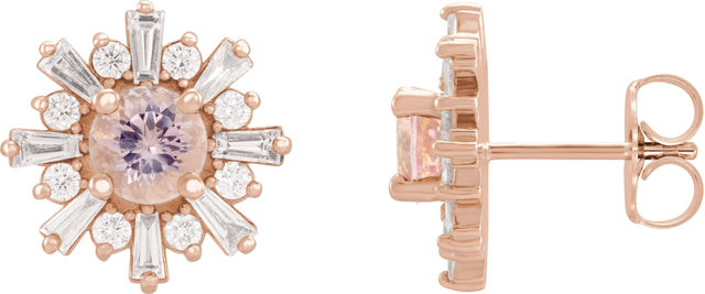 14K Gold Round Natural Pink Morganite & Natural Diamond Halo-Style Star Earrings - Rose Gold