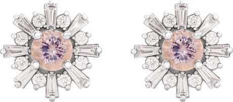 Platinum Round Natural Pink Morganite & Natural Diamond Halo-Style Star Earrings - view 2