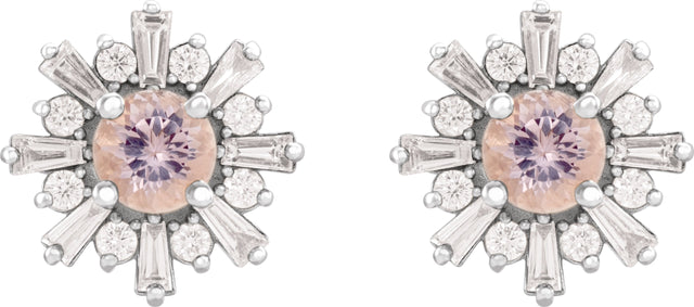 Platinum Round Natural Pink Morganite & Natural Diamond Halo-Style Star Earrings - view 2