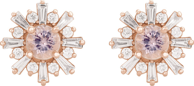 14K Gold Round Natural Pink Morganite & Natural Diamond Halo-Style Star Earrings - Rose Gold - view 2