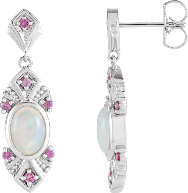 14K Gold Oval Natural Ethiopian Opal & Natural Pink Sapphire Vintage-Inspired Earrings - White Gold