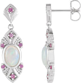 Platinum Oval Natural Ethiopian Opal & Natural Pink Sapphire Vintage-Inspired Earrings