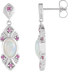 Platinum Oval Natural Ethiopian Opal & Natural Pink Sapphire Vintage-Inspired Earrings