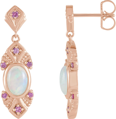 14K Gold Oval Natural Ethiopian Opal & Natural Pink Sapphire Vintage-Inspired Earrings - Rose Gold