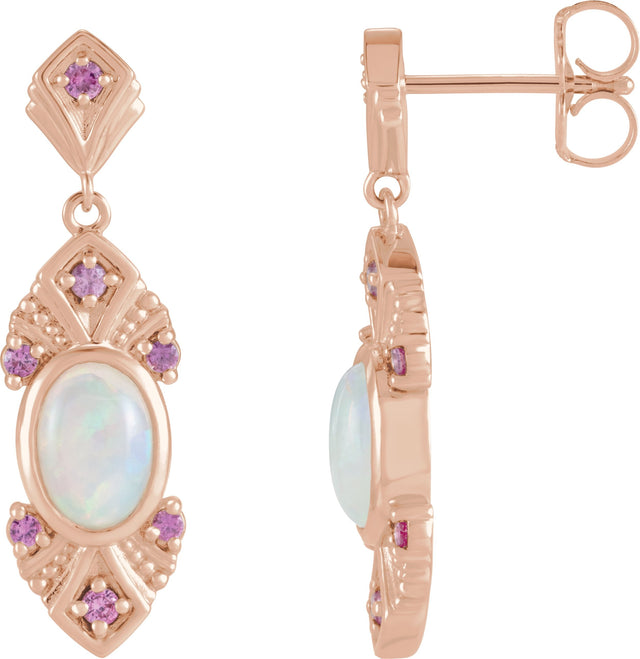 14K Gold Oval Natural Ethiopian Opal & Natural Pink Sapphire Vintage-Inspired Earrings - Rose Gold
