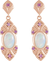 14K Gold Oval Natural Ethiopian Opal & Natural Pink Sapphire Vintage-Inspired Earrings - Rose Gold - view 2
