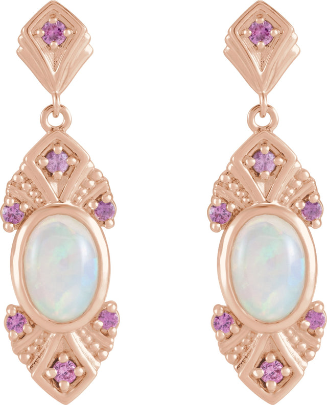 14K Gold Oval Natural Ethiopian Opal & Natural Pink Sapphire Vintage-Inspired Earrings - Rose Gold - view 2