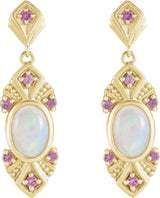 14K Gold Oval Natural Ethiopian Opal & Natural Pink Sapphire Vintage-Inspired Earrings - Yellow Gold - view 2