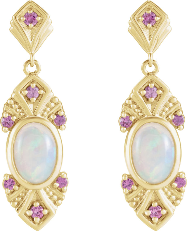 14K Gold Oval Natural Ethiopian Opal & Natural Pink Sapphire Vintage-Inspired Earrings - Yellow Gold - view 2