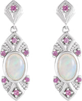 14K Gold Oval Natural Ethiopian Opal & Natural Pink Sapphire Vintage-Inspired Earrings - White Gold - view 2