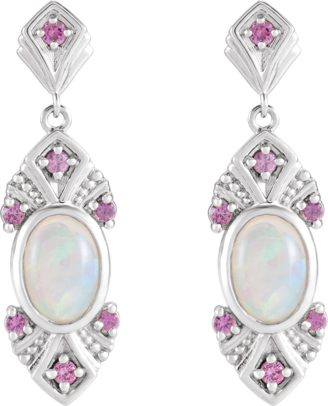 14K Gold Oval Natural Ethiopian Opal & Natural Pink Sapphire Vintage-Inspired Earrings - White Gold - view 2