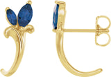 14K Gold Marquise Natural Blue Sapphire Floral J-Hoop Earrings - Yellow Gold