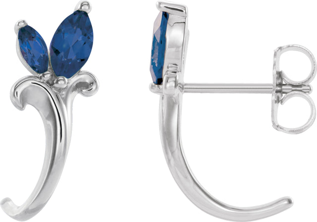 14K Gold Marquise Natural Blue Sapphire Floral J-Hoop Earrings - White Gold