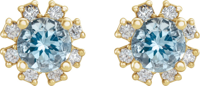 14K Gold Natural Aquamarine Round 4-Prong Halo-Style Earrings - Yellow Gold - view 4