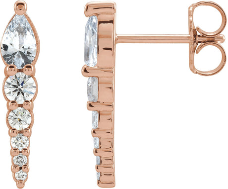 14K Gold Pear Natural White Sapphire & Natural Diamond Accented Bar Earrings - Rose Gold