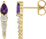 14K Gold Pear Natural Amethyst & Natural Diamond Accented Bar Earrings - Yellow Gold