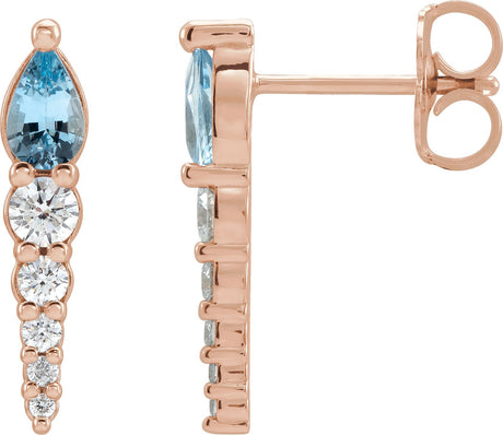 14K Gold Pear Natural Aquamarine & Natural Diamond Accented Bar Earrings - Rose Gold