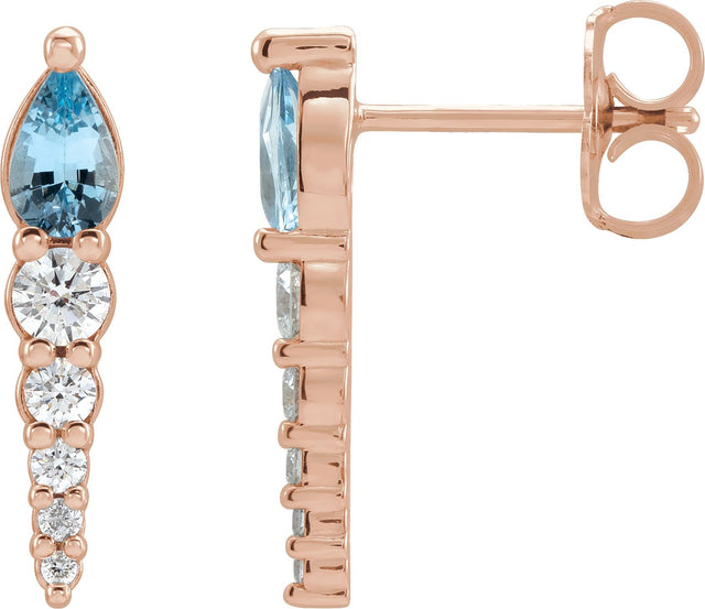 14K Gold Pear Natural Aquamarine & Natural Diamond Accented Bar Earrings - Rose Gold
