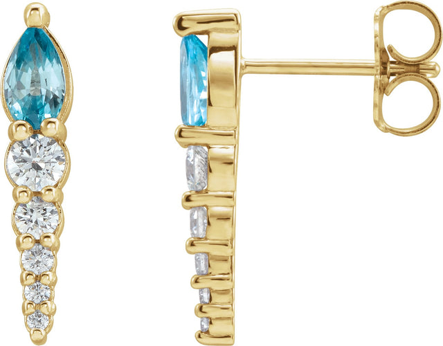 14K Gold Pear Natural Blue Zircon & Natural Diamond Accented Bar Earrings - Yellow Gold