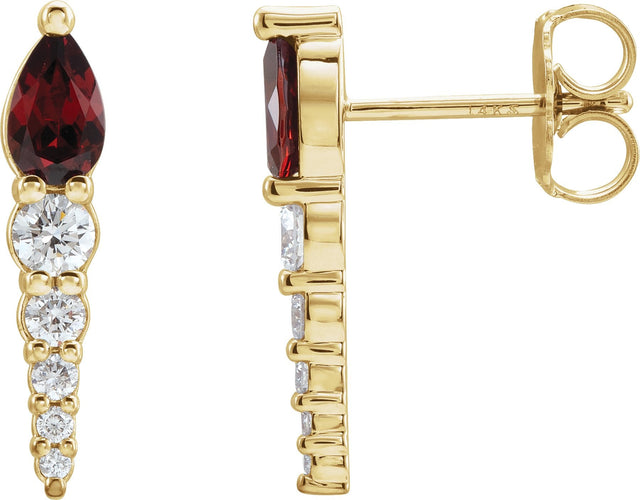 14K Gold Pear Natural Mozambique Garnet & Natural Diamond Accented Bar Earrings - Yellow Gold