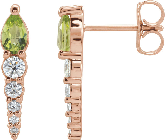 14K Gold Pear Natural Peridot & Natural Diamond Accented Bar Earrings - Rose Gold