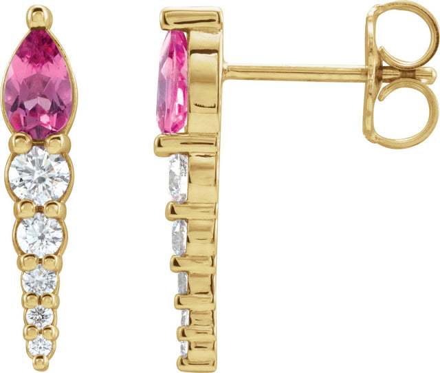 14K Gold Pear Natural Pink Tourmaline & Natural Diamond Accented Bar Earrings - Yellow Gold