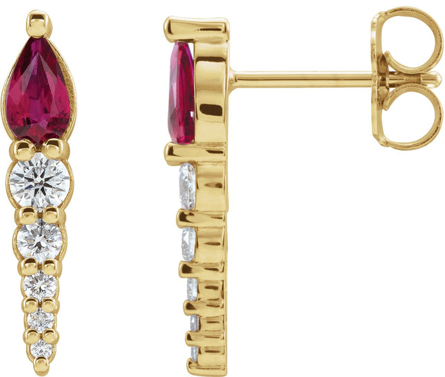 14K Gold Pear Lab-Grown Ruby & Natural Diamond Accented Bar Earrings - Yellow Gold
