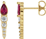 14K Gold Pear Natural Ruby & Natural Diamond Accented Bar Earrings - Yellow Gold