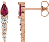 14K Gold Pear Lab-Grown Ruby & Natural Diamond Accented Bar Earrings - Rose Gold