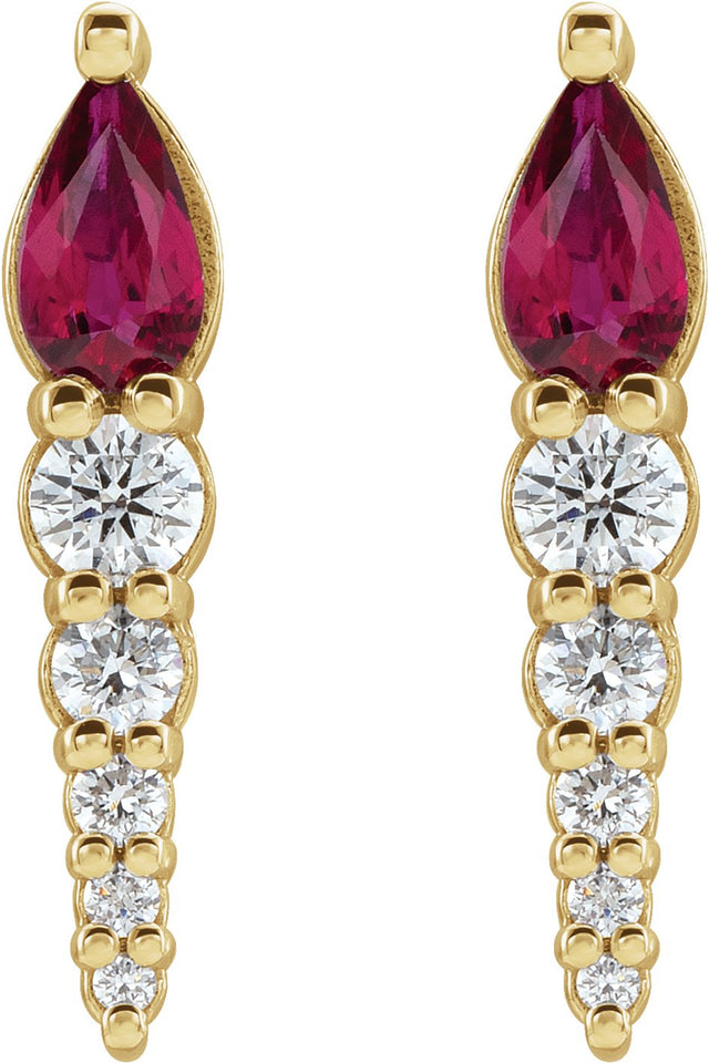 14K Gold Pear Lab-Grown Ruby & Natural Diamond Accented Bar Earrings - Yellow Gold - view 2