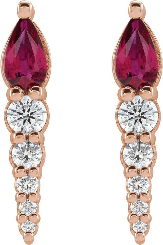14K Gold Pear Lab-Grown Ruby & Natural Diamond Accented Bar Earrings - Rose Gold - view 2